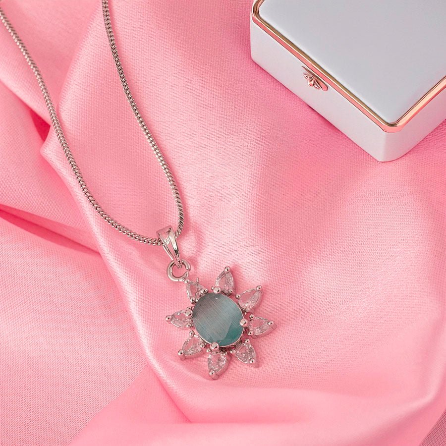 Light Mint Green Pendant Set Lightweight American Diamond for Women for Occasion and Party Wear (MI - PEN - 003 - GRY - SL) - The Indian Mudra
