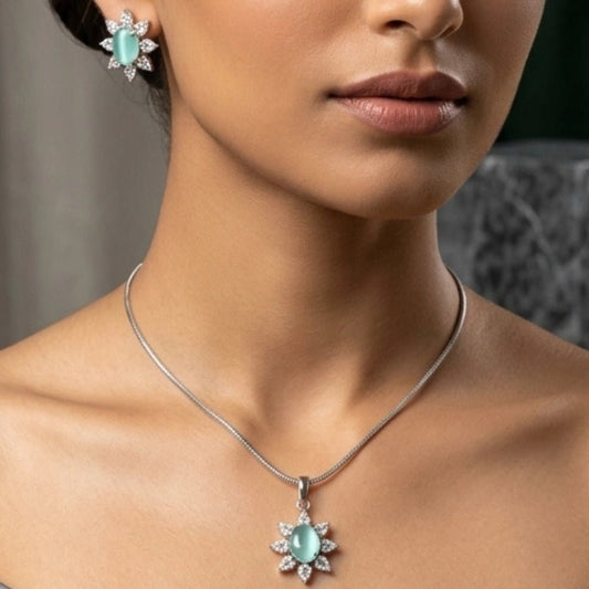 Light Mint Green Pendant Set Of American Diamond - The Indian Mudra