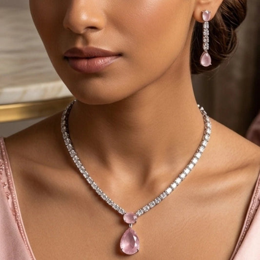 Light Pink Classic Silver Polish Short American Diamond Lightweight Necklace Set - The Indian Mudra