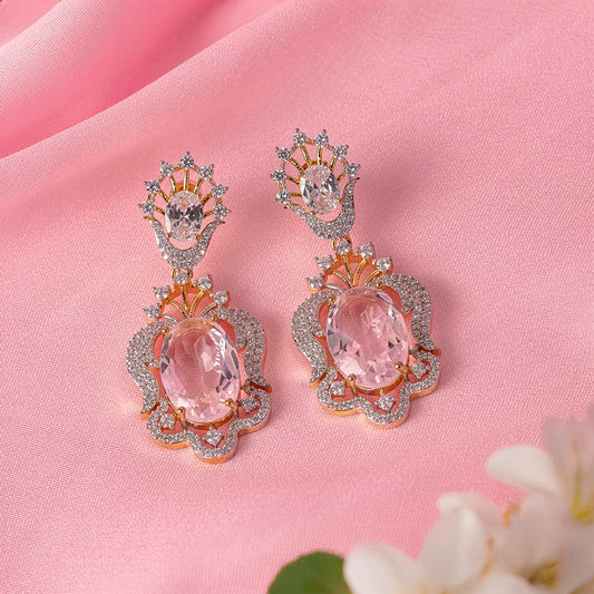 Light Pink Gold Ear Rings Lightweight American Diamond for Women for Occasion and Party Wear (MI-ER-002-LPK-GD)