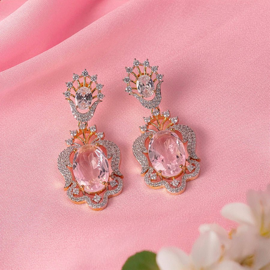 Light Pink Gold Polish Earrrings Lightweight American Diamond for Women for Occasion and Party Wear (MI-ER-002-LPK-GD) - The Indian Mudra