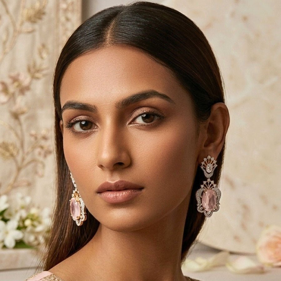 Light Pink Gold Polish Earrrings Lightweight American Diamond for Women for Occasion and Party Wear (MI-ER-002-LPK-GD) - The Indian Mudra