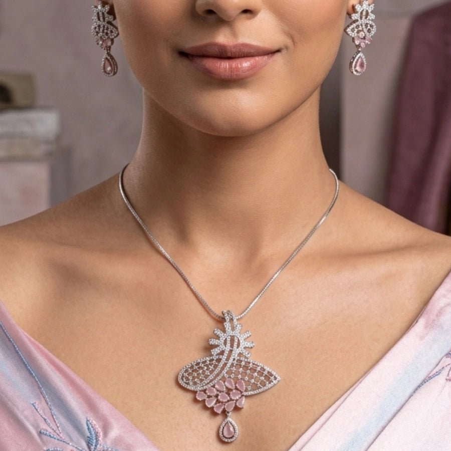 Light Pink Pendant Set of American Diamond - The Indian Mudra