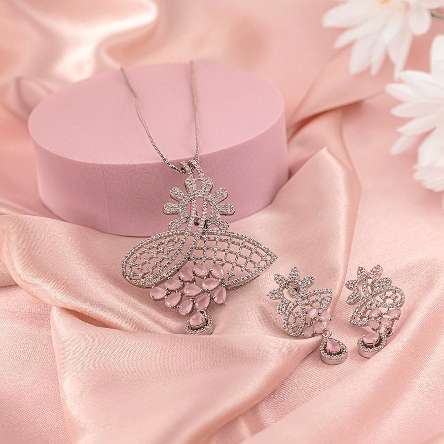 Light Pink Pendant Set of American Diamond Lightweight for Women for Occasion and Party Wear (MI - PEN - 005 - LPK - SL) - The Indian Mudra