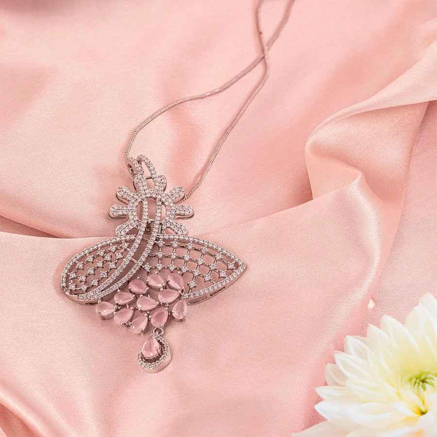 Light Pink Pendant Set of American Diamond Lightweight for Women for Occasion and Party Wear (MI - PEN - 005 - LPK - SL) - The Indian Mudra