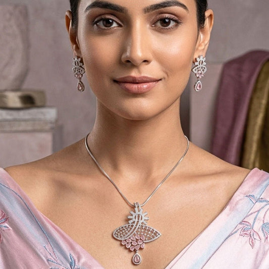 Light Pink Pendant Set of American Diamond Lightweight for Women for Occasion and Party Wear (MI - PEN - 005 - LPK - SL) - The Indian Mudra
