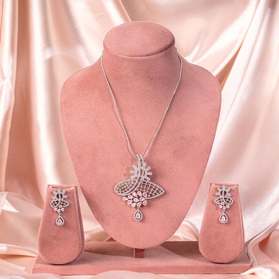 Light Pink Pendant Set of American Diamond Lightweight for Women for Occasion and Party Wear (MI - PEN - 005 - LPK - SL) - The Indian Mudra
