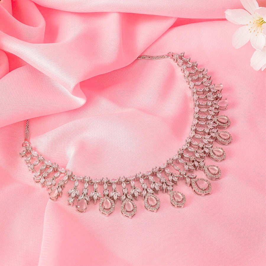 Light Pink Short Silver Polish Lightweight American Diamond Necklace Set for Women for Occasion and Party Wear (MC - NS - 016 - PK - SL - 1) - The Indian Mudra