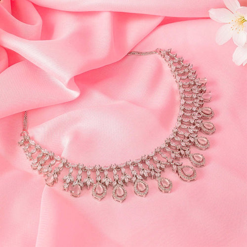 Light Pink Short Silver Polish Lightweight American Diamond Necklace Set for Women for Occasion and Party Wear (MC - NS - 016 - PK - SL - 1) - The Indian Mudra