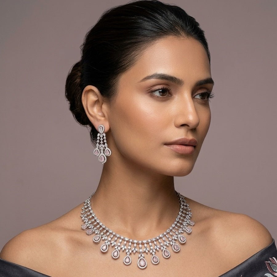Light Pink Short Silver Polish Lightweight American Diamond Necklace Set for Women for Occasion and Party Wear (MC - NS - 016 - PK - SL - 1) - The Indian Mudra