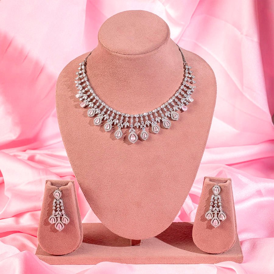 Light Pink Short Silver Polish Lightweight American Diamond Necklace Set for Women for Occasion and Party Wear (MC - NS - 016 - PK - SL - 1) - The Indian Mudra