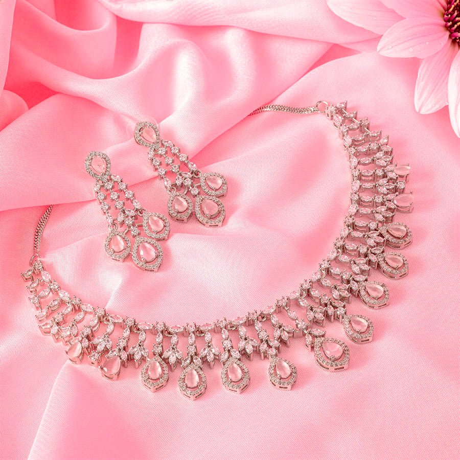 Light Pink Short Silver Polish Lightweight American Diamond Necklace Set for Women for Occasion and Party Wear (MC - NS - 016 - PK - SL - 1) - The Indian Mudra