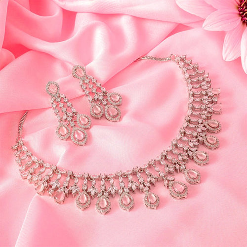 Light Pink Short Silver Polish Lightweight American Diamond Necklace Set for Women for Occasion and Party Wear (MC - NS - 016 - PK - SL - 1) - The Indian Mudra