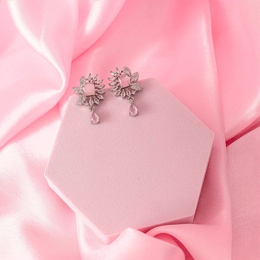 Light Pink Silver Lightweight American Diamond Pendant Set for Women for Occasion and Party Wear (MI - PEN - 002 - LPK - SL) - The Indian Mudra