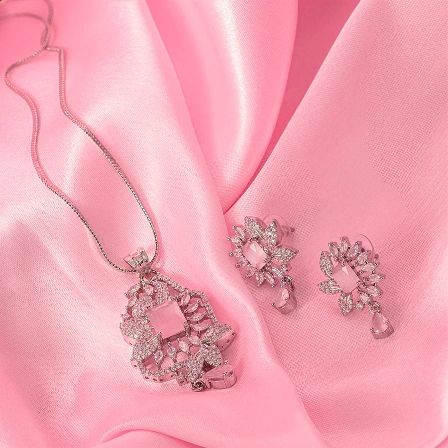 Light Pink Silver Lightweight American Diamond Pendant Set for Women for Occasion and Party Wear (MI - PEN - 002 - LPK - SL) - The Indian Mudra