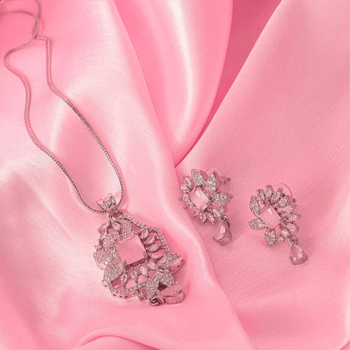 Light Pink Silver Lightweight American Diamond Pendant Set for Women for Occasion and Party Wear (MI - PEN - 002 - LPK - SL) - The Indian Mudra