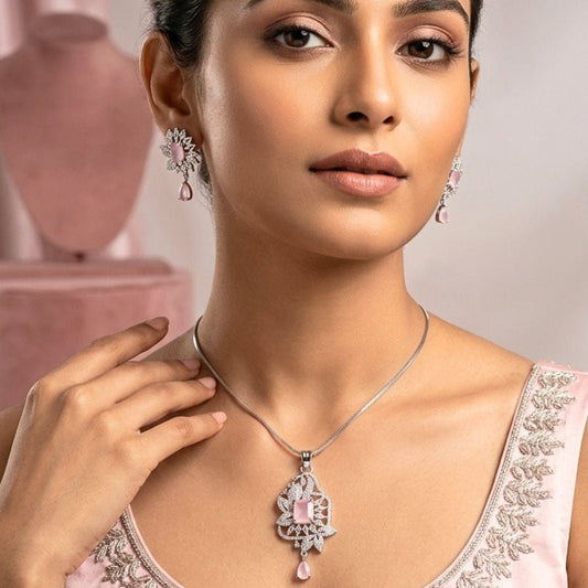 Light Pink Silver Lightweight American Diamond Pendant Set for Women for Occasion and Party Wear (MI - PEN - 002 - LPK - SL) - The Indian Mudra