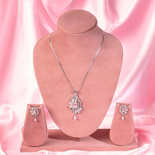 Light Pink Silver Lightweight American Diamond Pendant Set for Women for Occasion and Party Wear (MI - PEN - 002 - LPK - SL) - The Indian Mudra
