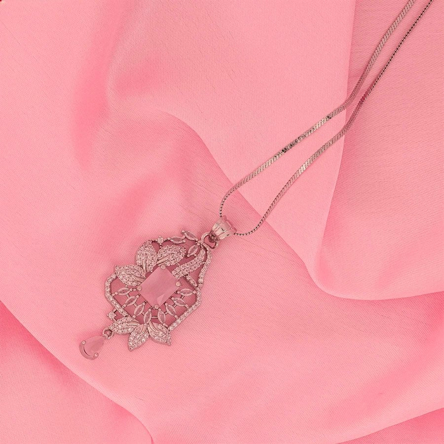 Light Pink Silver Lightweight American Diamond Pendant Set for Women for Occasion and Party Wear (MI - PEN - 002 - LPK - SL) - The Indian Mudra
