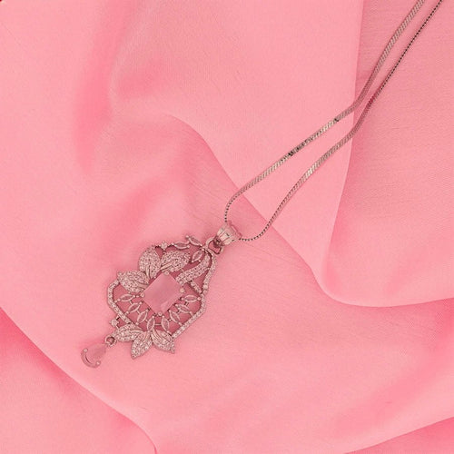 Light Pink Silver Lightweight American Diamond Pendant Set for Women for Occasion and Party Wear (MI - PEN - 002 - LPK - SL) - The Indian Mudra