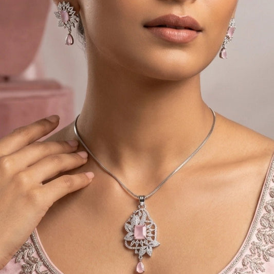 Light Pink Silver Polish American Diamond Pendant Set - The Indian Mudra