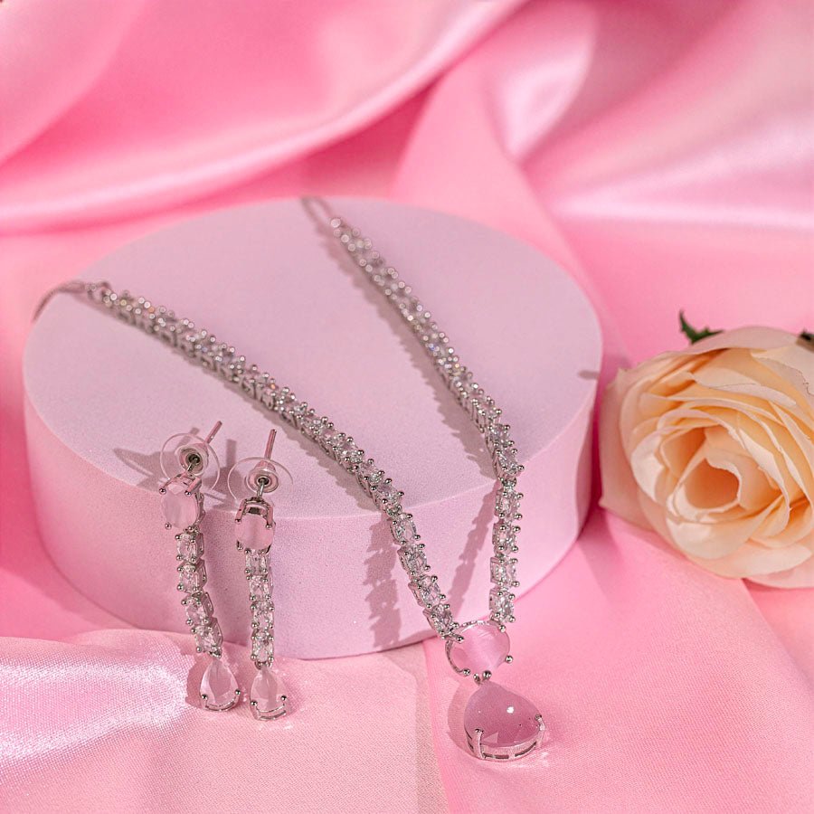 Light Pink Silver Polish Short American Diamond Lightweight Necklace Set for Women for Occasion and Party Wear (MI - NS - 001 - LPK - SL) - The Indian Mudra