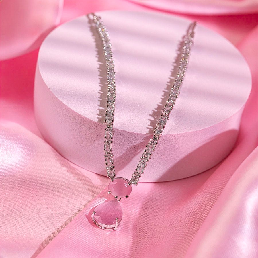 Light Pink Silver Polish Short American Diamond Lightweight Necklace Set for Women for Occasion and Party Wear (MI - NS - 001 - LPK - SL) - The Indian Mudra