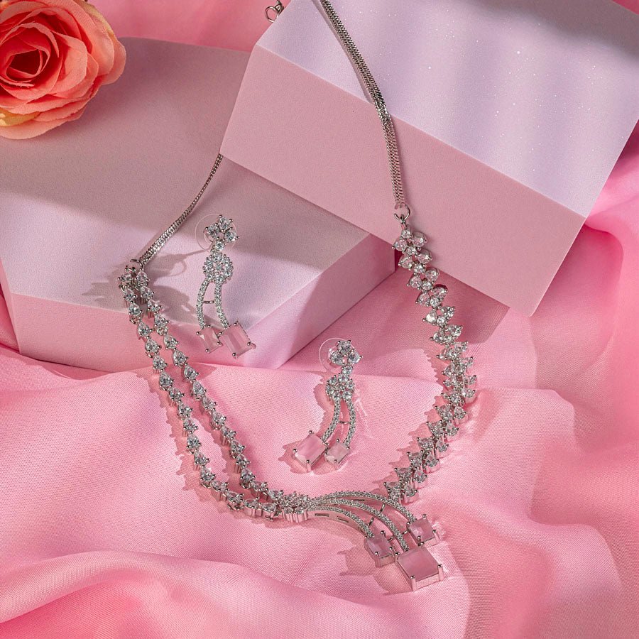 Light Pink Silver Polish Short American Diamond Necklace Set Lightweight for Women for Occasion and Party Wear (MC-NS-022-PUR-SL-1) - The Indian Mudra