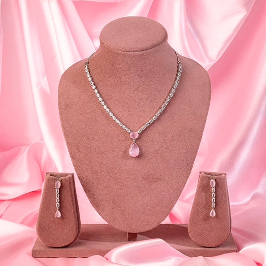 Light Pink Silver Short American Diamond Lightweight Necklace Set for Women for Occasion and Party Wear  (MI-NS-001-LPK-SL)