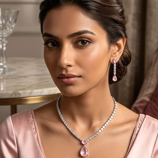 Light Pink Silver Short American Diamond Lightweight Necklace Set for Women for Occasion and Party Wear  (MI-NS-001-LPK-SL)