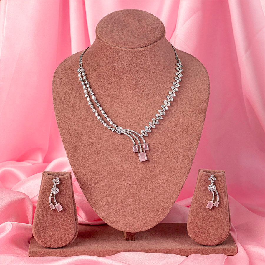 Light Pink Silver Polish Short American Diamond Necklace Set Lightweight for Women for Occasion and Party Wear (MC-NS-022-PUR-SL-1)