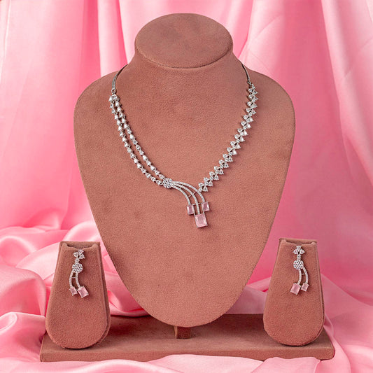 Light Pink Silver Polish Short American Diamond Necklace Set Lightweight for Women for Occasion and Party Wear (MC-NS-022-PUR-SL-1)