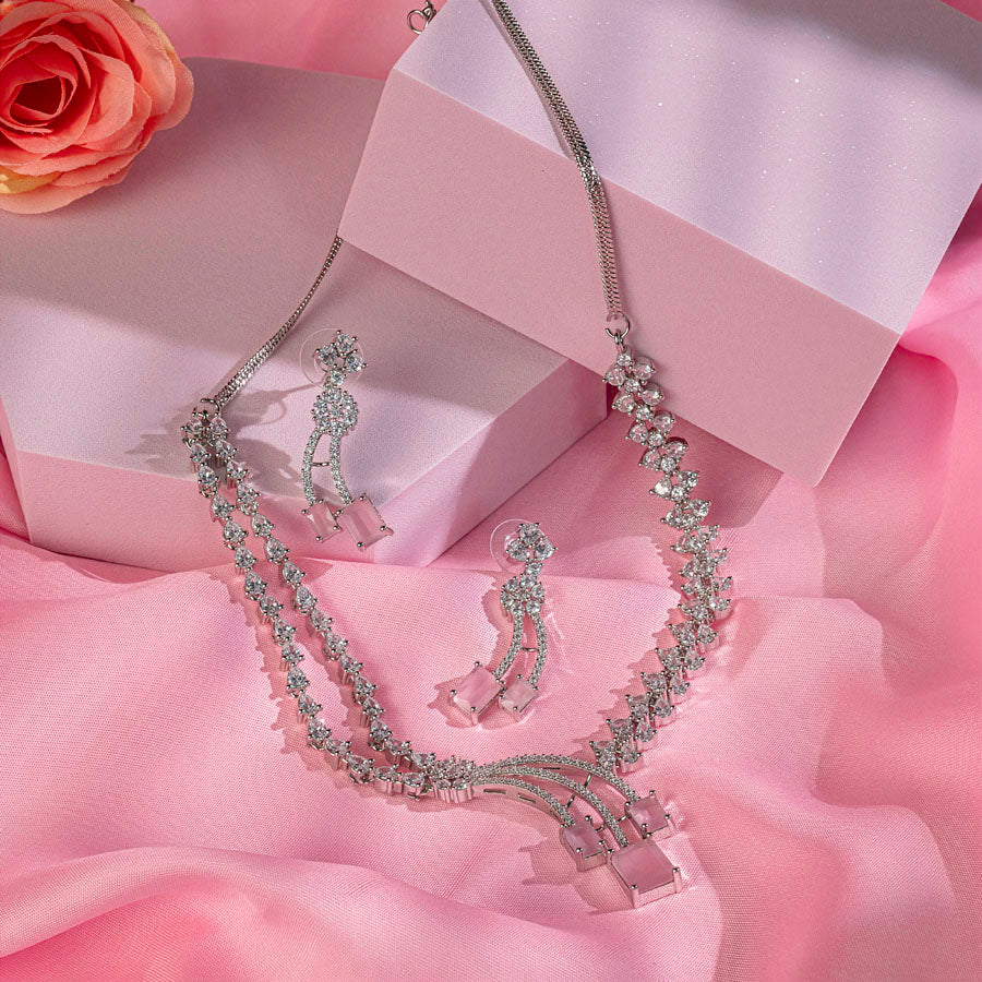 Light Pink Silver Polish Short American Diamond Necklace Set Lightweight for Women for Occasion and Party Wear (MC-NS-022-PUR-SL-1)