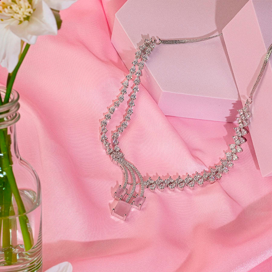 Light Pink Silver Polish Short American Diamond Necklace Set Lightweight for Women for Occasion and Party Wear (MC-NS-022-PUR-SL-1)