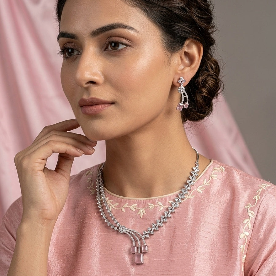 Light Pink Silver Polish Short American Diamond Necklace Set Lightweight for Women for Occasion and Party Wear (MC-NS-022-PUR-SL-1)