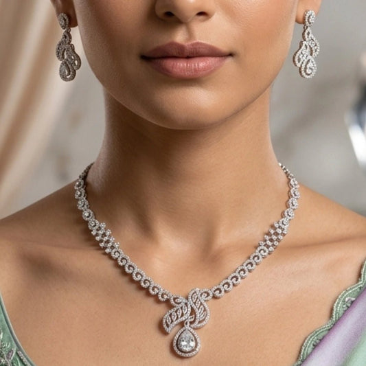 Lightweight Partywear White Short American Diamond Necklace Set - The Indian Mudra