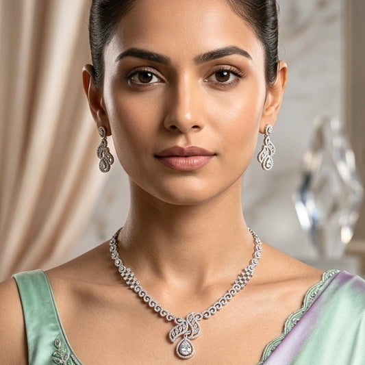  Lightweight White Short American Diamond Necklace Set for Women for Occasion and Party Wear  (MI-NS-003-AD-SL )