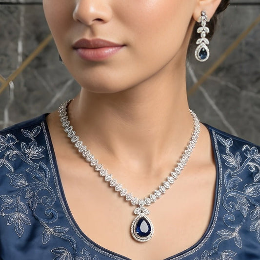 Midnight Blue Silver Polish Short Lightweight American Diamond Necklace Set - The Indian Mudra