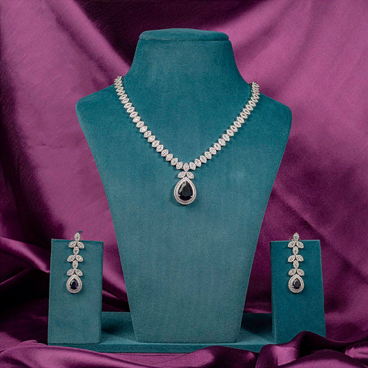 Midnight Blue Silver Short Lightweight American Diamond Necklace Set for Women for Occasion and Party Wear (MC-NS-003-BL-SL)
