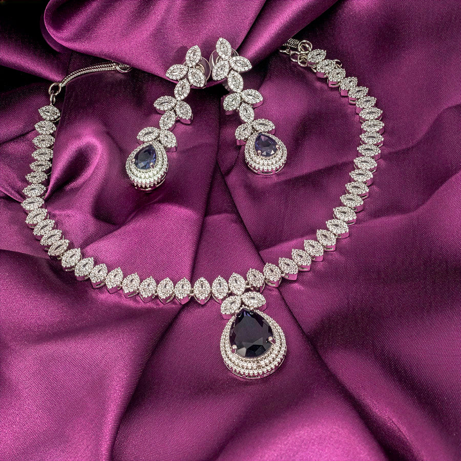 Midnight Blue Silver Short Lightweight American Diamond Necklace Set for Women for Occasion and Party Wear (MC-NS-003-BL-SL)