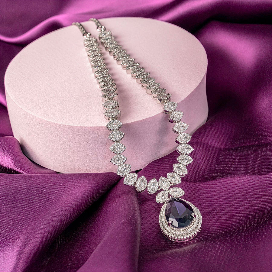 Midnight Blue Silver Short Lightweight American Diamond Necklace Set for Women for Occasion and Party Wear (MC-NS-003-BL-SL)