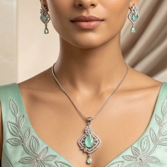 Mint Green American Diamond Lightweight Pendant Set - The Indian Mudra