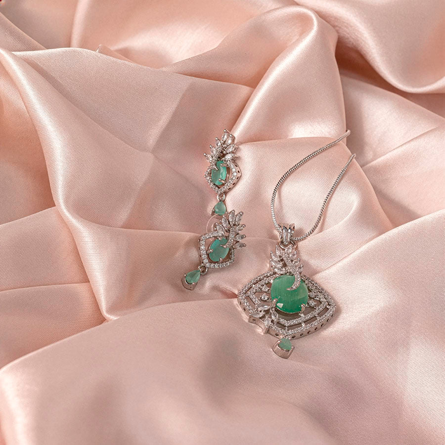 Mint Green American Diamond Lightweight Pendant Set for Women for Occasion and Party Wear (MI - PEN - 004 - LEM - SL) - The Indian Mudra