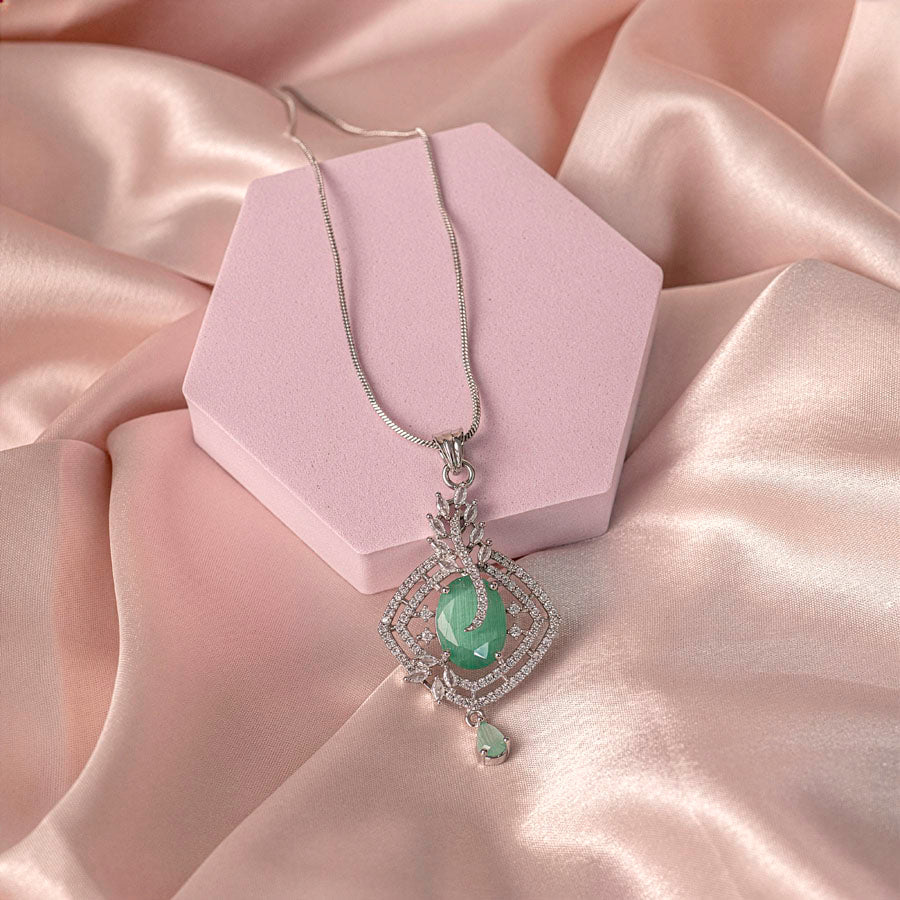 Mint Green American Diamond Lightweight Pendant Set for Women for Occasion and Party Wear (MI - PEN - 004 - LEM - SL) - The Indian Mudra