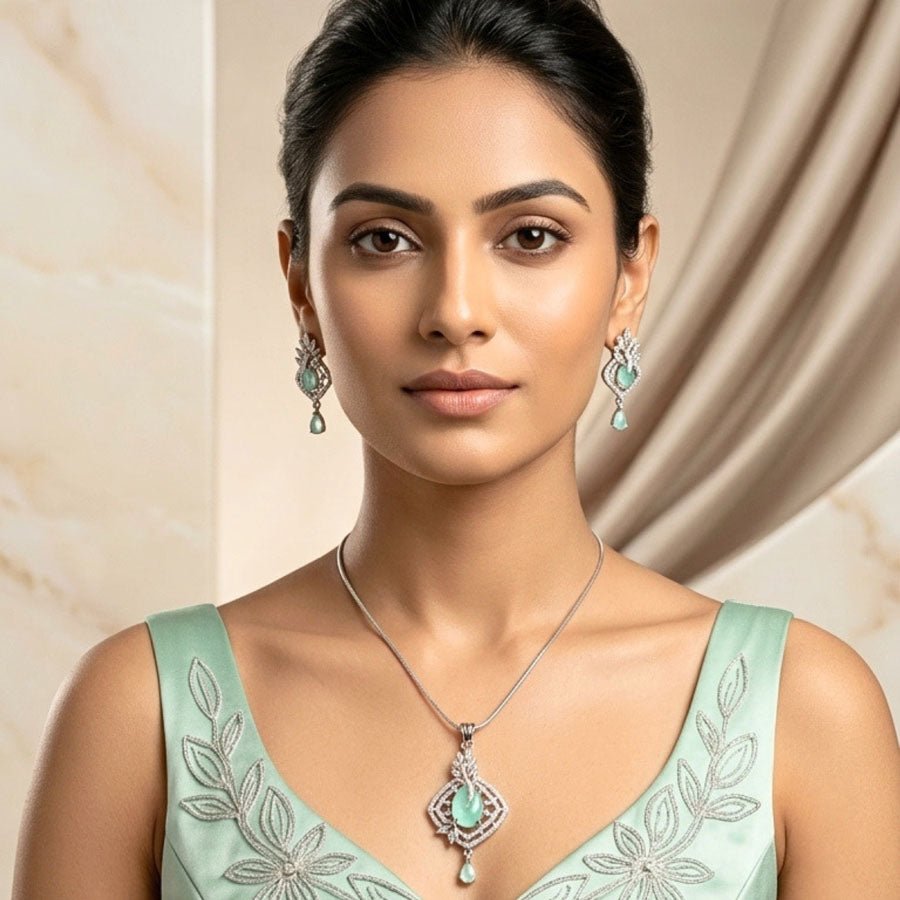 Mint Green American Diamond Lightweight Pendant Set for Women for Occasion and Party Wear (MI - PEN - 004 - LEM - SL) - The Indian Mudra