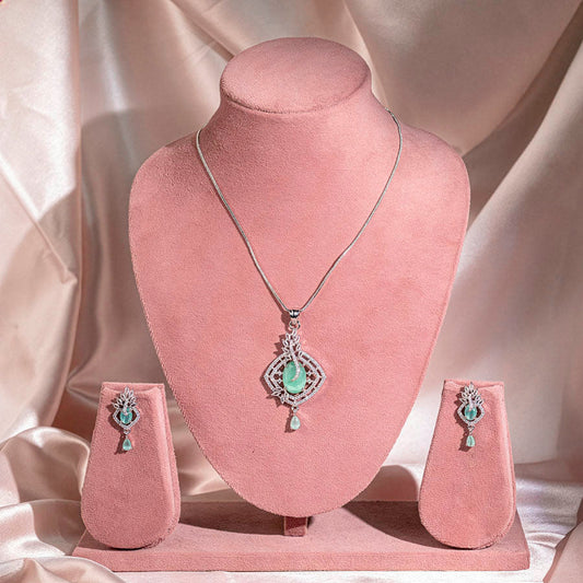 Mint Green American Diamond Lightweight Pendant Set for Women for Occasion and Party Wear (MI - PEN - 004 - LEM - SL) - The Indian Mudra
