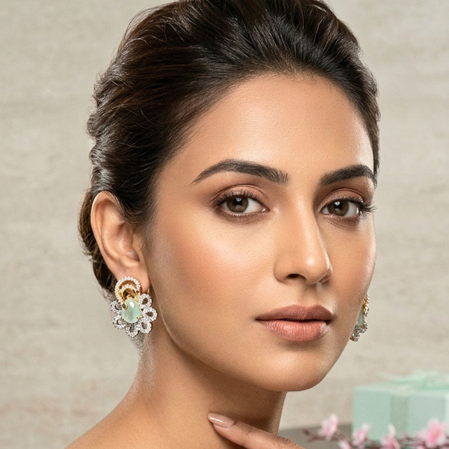 Mint Green Gold Earrings Lightweight American Diamond for Women for Occasion and Party Wear (MI-ER-001-LEM-GD)
