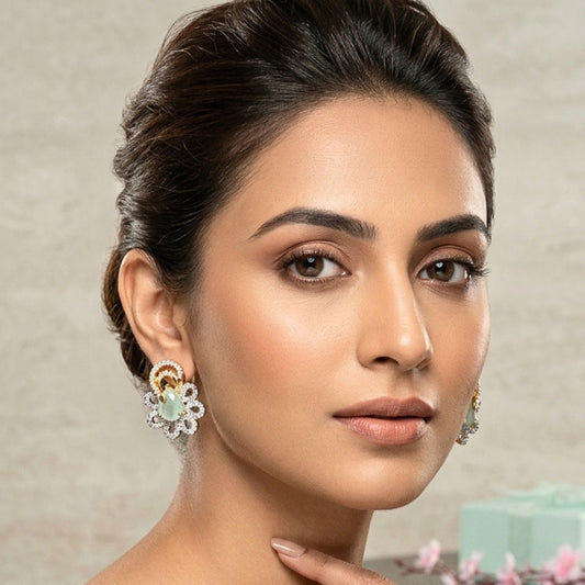 Mint Green Gold Earrings Lightweight American Diamond for Women for Occasion and Party Wear (MI-ER-001-LEM-GD)