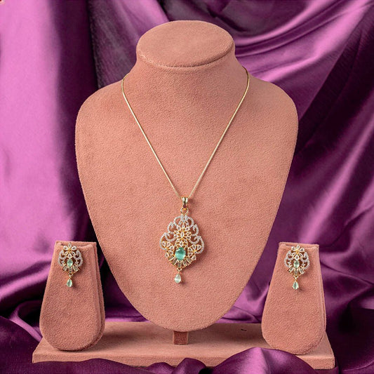 Mint Green Gold Lightweight American Diamond Pendant Set for Women for Occasion and Party Wear (MI - PEN - 006 - LEM - GD) - The Indian Mudra