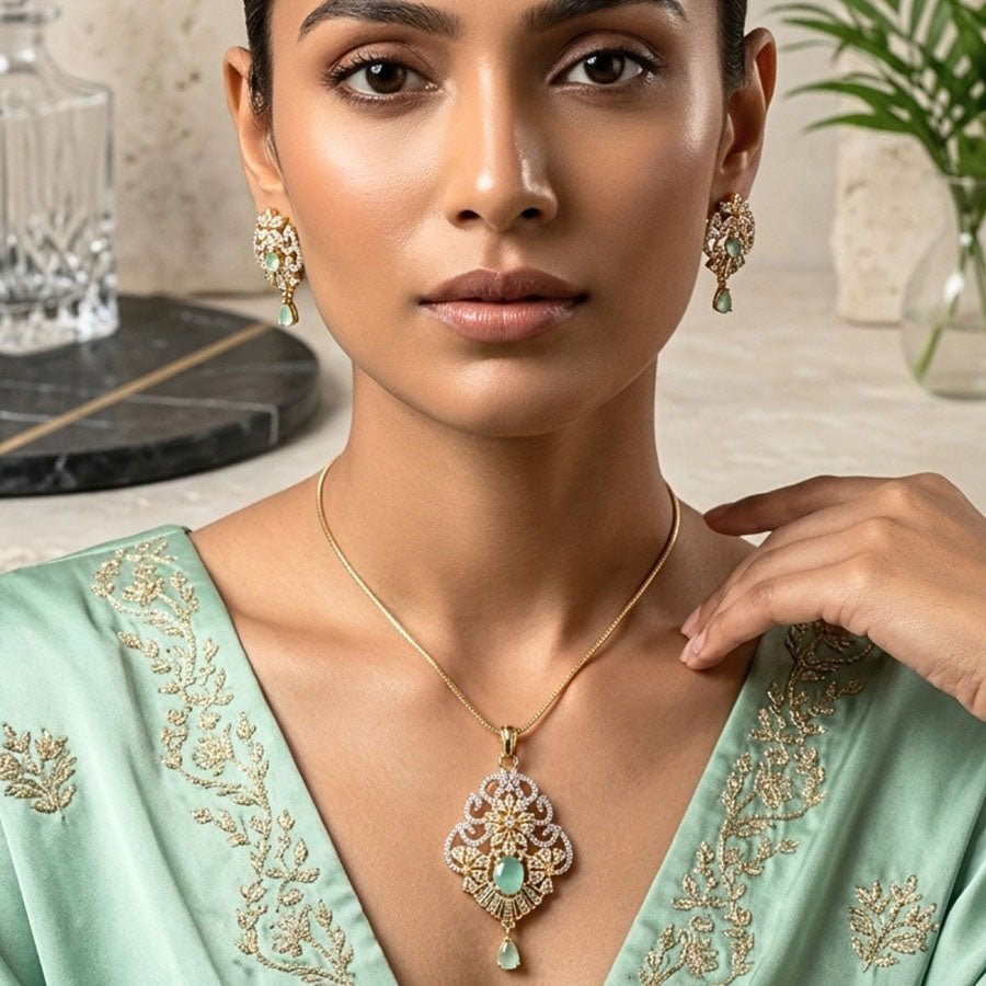 Mint Green Gold Lightweight American Diamond Pendant Set for Women for Occasion and Party Wear (MI - PEN - 006 - LEM - GD) - The Indian Mudra